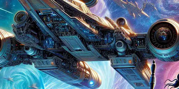 A thrilling space battle featuring heroic characters aboard a futuristic spaceship against a mysterious enemy in a vibrant cosmic landscape.