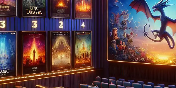 A cozy virtual cinema filled with diverse film enthusiasts enjoying oversized screens and vibrant movie posters.