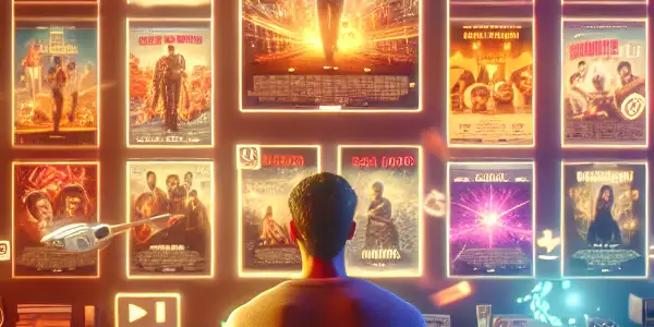 A cozy living room featuring a futuristic movie streaming interface with various film posters and advanced technology elements.