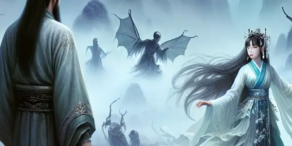 A ghostly female figure interacts with a traditional corpse handler in a foggy, mystical Chinese village.