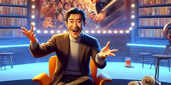 A lively film critique studio with a charismatic host discussing "The Wandering Earth 2" amidst movie posters and holographic displays.<a href=