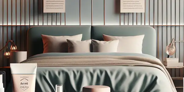 A modern bedroom scene featuring AV delay products, a safety checklist, and a cozy, relaxing atmosphere.