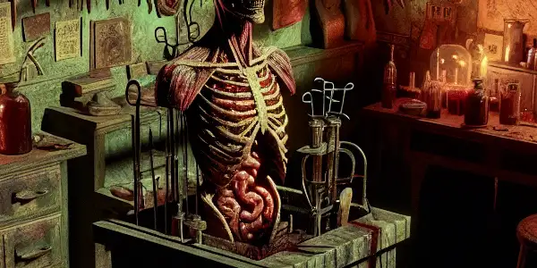 A dimly lit, eerie laboratory filled with grotesque anatomical models and unsettling imagery from the "Guinea Pig" horror series.