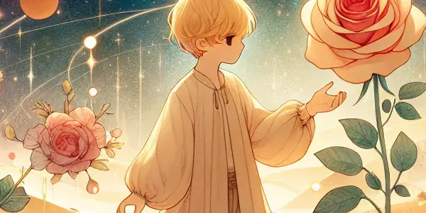 The Little Prince interacts with a rose and a fox amidst whimsical planets and a starry sky.