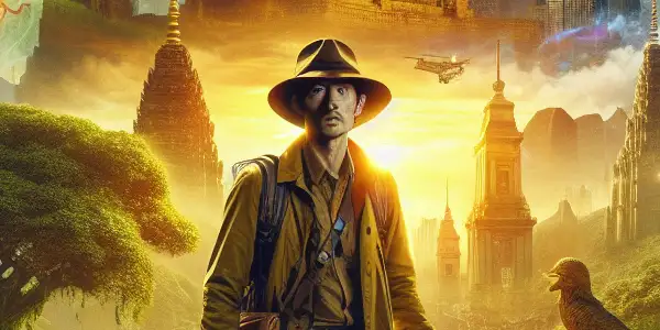 Jackie Chan as an adventurous archaeologist amidst ancient ruins and modern cityscapes, featuring mystical elements.