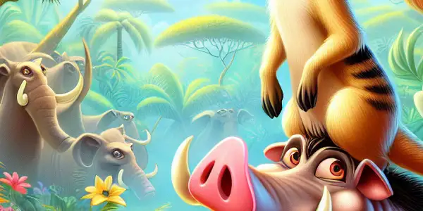 Timon and Pumbaa joyfully explore a vibrant jungle, surrounded by colorful flora and playful wildlife.