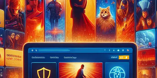 A vibrant movie download platform interface featuring diverse film genres, categories, and symbols of security.