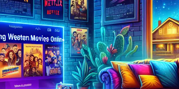 Cozy living room with a large TV displaying Western movies, popcorn, and movie posters, under a starry night sky.