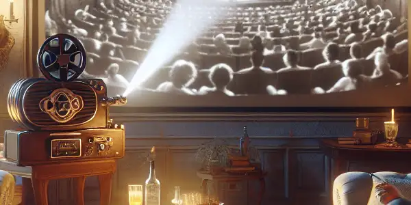 A cozy living room with a vintage projector, displaying classic black-and-white adult film scenes, and a person watching contentedly.