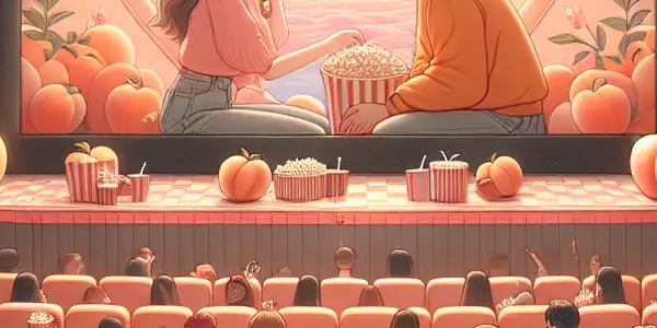 A cozy cinema filled with diverse young adults enjoying a romantic peach-themed movie, surrounded by heart decorations and pastel colors.