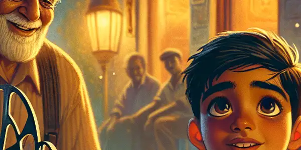 A young boy gazes in awe at a movie projector in a nostalgic Sicilian cinema setting.