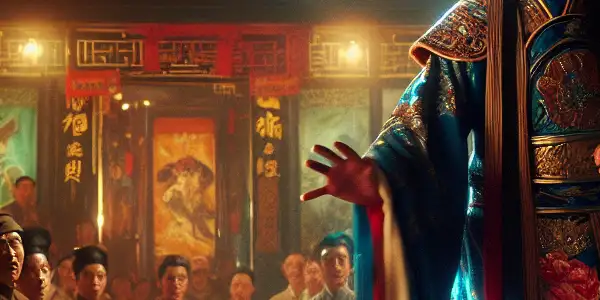 A charismatic actor in ornate Peking opera costume performs passionately on stage, captivating a nostalgic audience in a traditional theater.