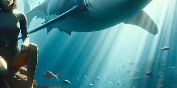 A determined woman on a rocky island faces a looming great white shark in a vibrant underwater scene.