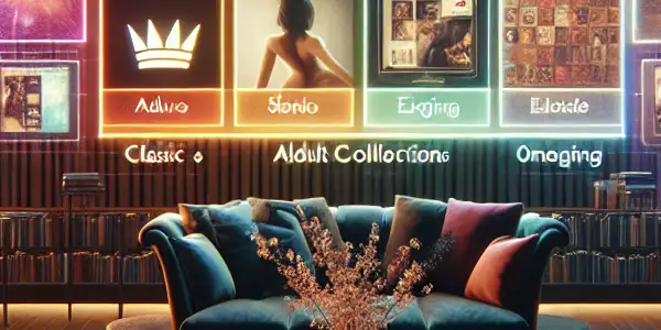 A modern digital library showcasing vibrant adult content thumbnails in a cozy, private atmosphere with holographic technology.