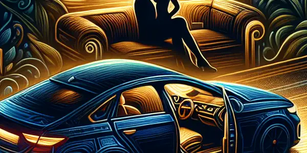 A modern car with silhouettes of a couple, surrounded by greenery or urban nightscape, suggesting intimacy and privacy.