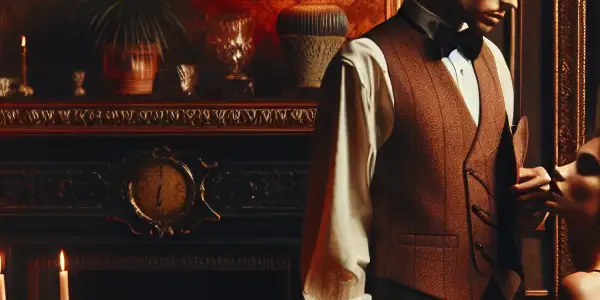 A charismatic couple shares a flirtatious exchange in an opulent, dimly-lit room filled with intrigue.