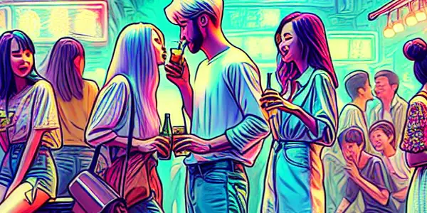 A lively nightlife scene in Lan Kwai Fong, featuring young adults enjoying love, friendship, and adventure under neon lights.