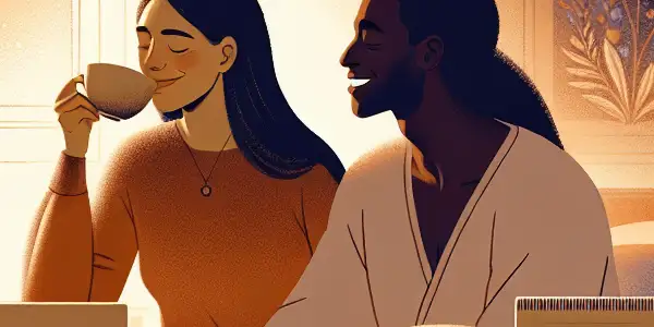 A cozy bedroom scene with a happy couple enjoying herbal tea, surrounded by plants and health product packaging.