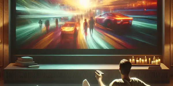 A cozy, dimly lit room with a person watching a vibrant adult film on a large screen.