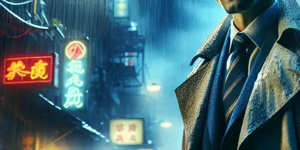 A tense urban scene featuring a conflicted police officer and a sinister mayor, set in a rain-soaked, neon-lit city.