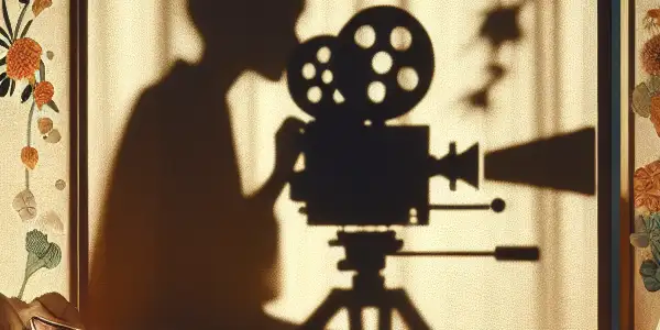 An intimate space featuring a silhouette with a vintage camera, surrounded by erotic art and hints of Japanese culture.