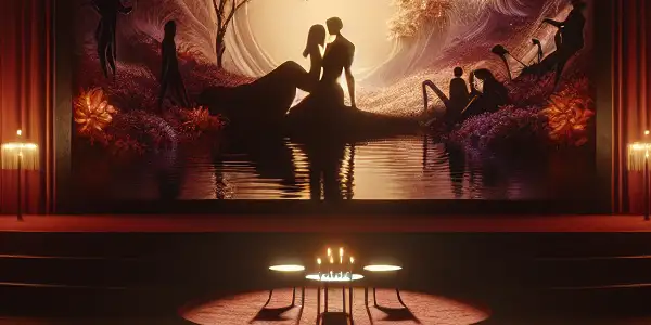 An intimate vintage cinema scene with silhouettes of couples, evoking romance and intrigue in warm, inviting colors.