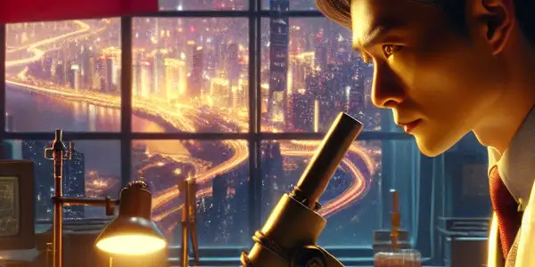 A dedicated Chinese geophysicist in a lab, focused on his work amidst maps and city lights.