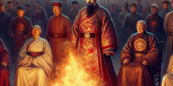Lin Zexu leads soldiers and officials around a massive pyre of opium boxes, flames illuminating the night sky.