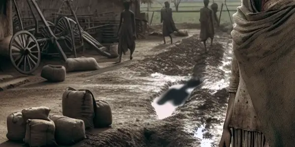 A young woman in a dilapidated rural village, embodying resilience and sorrow amid societal pressures and hardship.