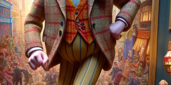 Mr. Bean humorously navigates a vibrant art gallery, causing chaos among colorful paintings and surprised onlookers.