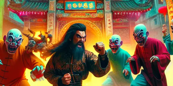 A Taoist priest confronts whimsical zombies amidst ancient architecture and mystical elements in a vibrant, action-packed scene.