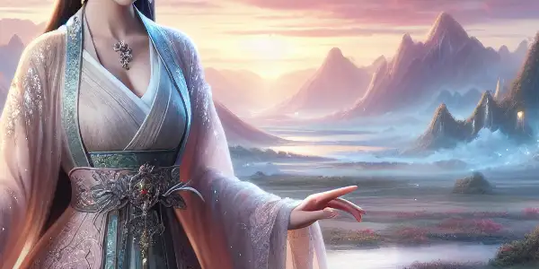 Liu Yifei in an elegant costume poses gracefully amidst a mystical landscape of mountains and cherry blossoms at sunset.