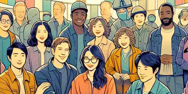 A vibrant film set in Japan showcasing diverse actors and crew promoting safety and health in the adult film industry.