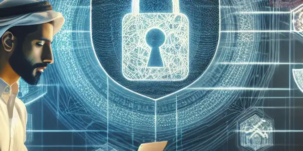 A relaxed person in a modern home office, using a laptop surrounded by digital security symbols and Japanese elements.<a href=