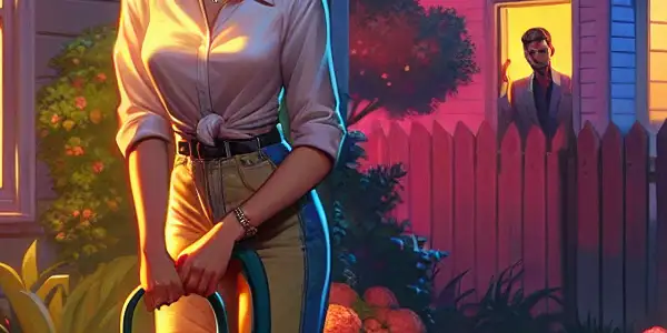 A cozy suburban scene at twilight featuring a smiling woman watering plants, with a curious neighbor peeking from a window.