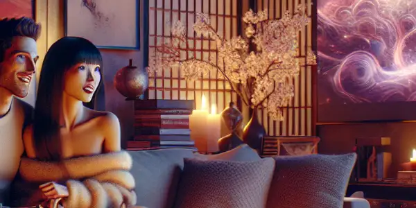 A cozy modern living room where a couple watches a colorful Japanese AV film, conveying intimacy and intrigue.
