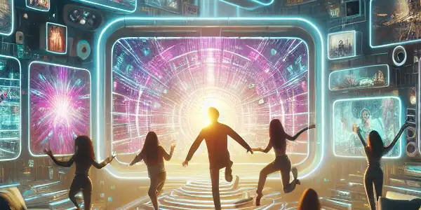 A futuristic living room featuring advanced technology, VR headsets, and vibrant characters engaged in adult entertainment.