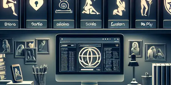 A modern room showcasing organized adult film categories and a tech interface for safe browsing and privacy.