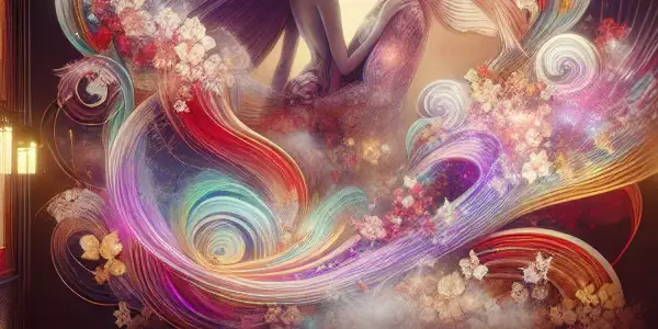 An intimate cinema scene showcasing a romantic embrace on a large screen, surrounded by colorful light patterns.