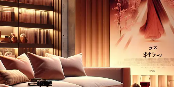A cozy movie-watching space featuring a plush sofa, vibrant Japanese AV film poster, and intimate lighting.