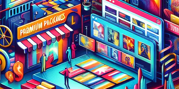 A vibrant online marketplace interface showcasing adult content discounts and premium subscriptions, featuring bold banners and engaging visuals.