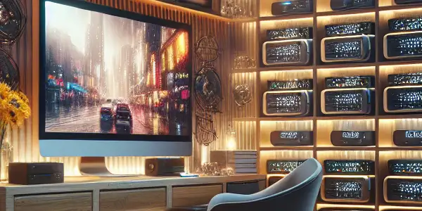 A high-tech room showcasing organized storage solutions for adult films, featuring a vibrant computer screen and cozy ambiance.