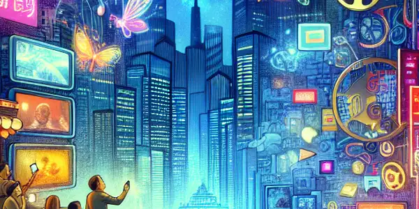 A lively group of young adults enjoying seamless streaming of adult content in a vibrant, futuristic cityscape.