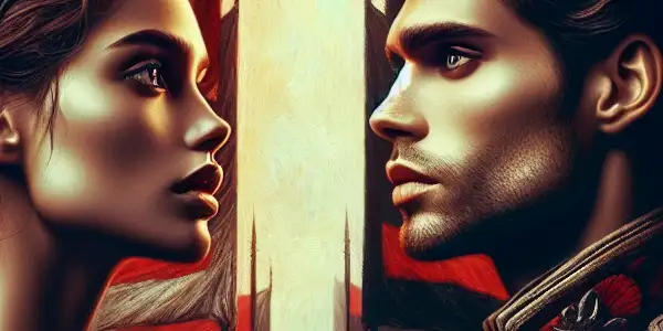 A dramatic confrontation between two characters in revolutionary attire, set against a turbulent historical backdrop.