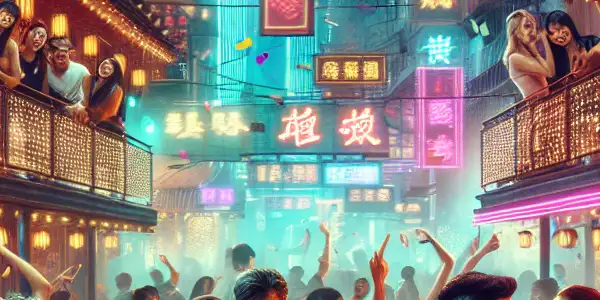 A vibrant Hong Kong nightclub scene with young adults dancing, socializing, and enjoying a lively nightlife atmosphere.