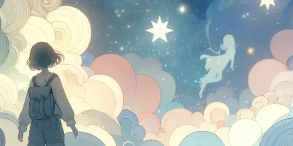 A young protagonist explores a surreal dreamscape filled with whimsical flowers, floating clouds, and ethereal silhouettes.