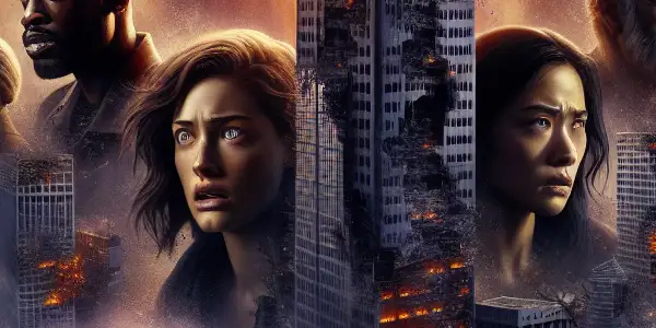 A chaotic urban skyline with crumbling skyscrapers, massive waves, and diverse characters reflecting fear and determination amidst disaster.