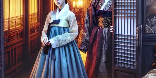 A young maid in a hanbok and her wealthy employer in a lavish, dimly lit mansion, hinting at intrigue and desire.