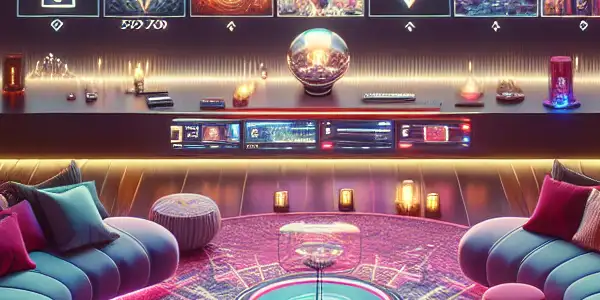 A modern home entertainment setup featuring a high-definition screen displaying a colorful menu of Japanese adult films.