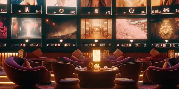 A vibrant digital platform showcasing diverse adult films with intimate lighting and Japanese aesthetic elements.